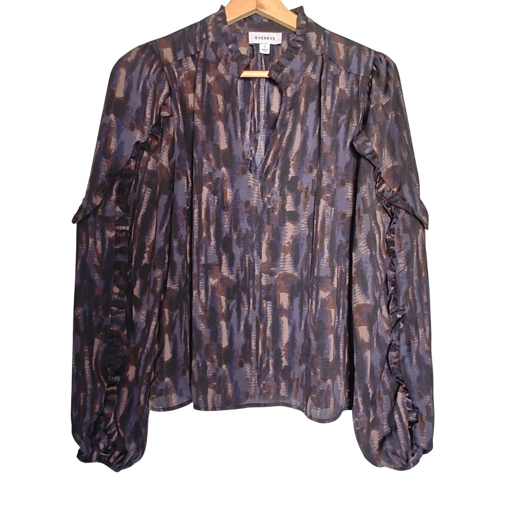 Evereve Dana Ruffle Blouse Size S Purple Abstract Print Split Neck Top